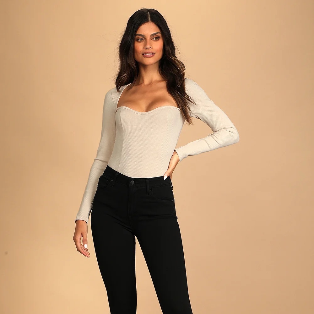 Lulu’s Alluring Aesthetic Cream Ribbed Long Sleeve Bodysuit (XS)